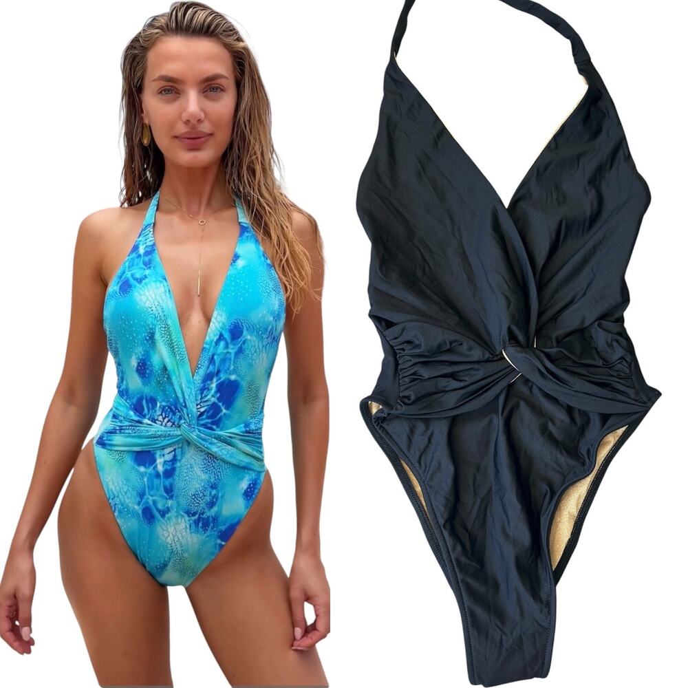 NEW LULI FAMA Front Twist Halter Black Cheeky ONE-PIECE $261 Swimsuit  XS